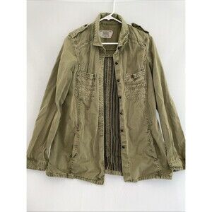 Zara Womens Military Jacket Olive Green‎ Striped Back Panel Shacket Pockets M